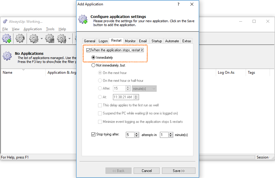 AlwaysUp Restart tab configured to restart DB Precision immediately if it stops.
