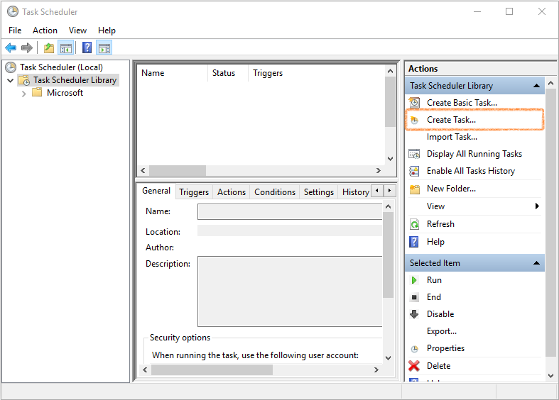 Windows Task Scheduler Create Task window with the task name and description entered.