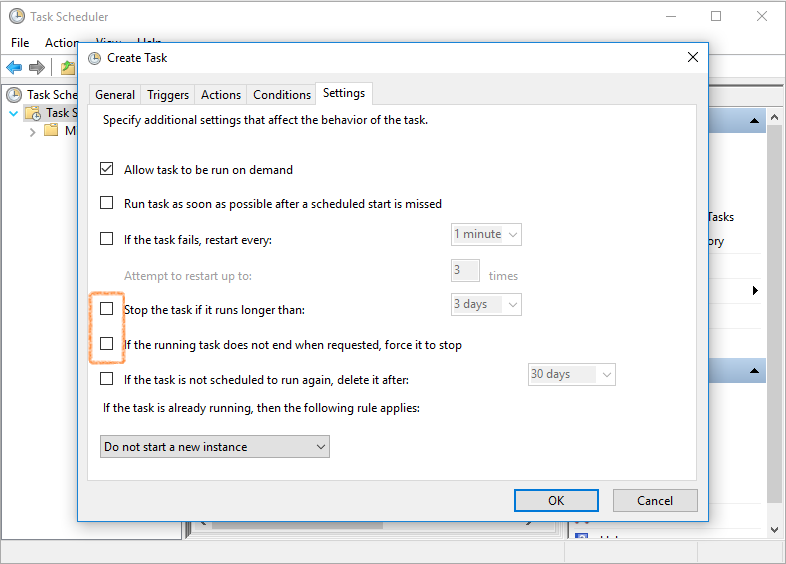 Task Scheduler Settings tab with task time-limit and stop options cleared.