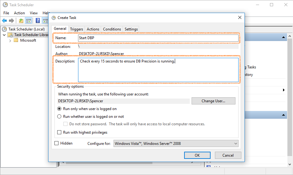 Task Scheduler General tab showing the controller startup task settings.