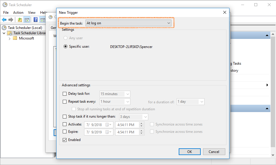 Task Scheduler Triggers tab showing the At log on trigger.