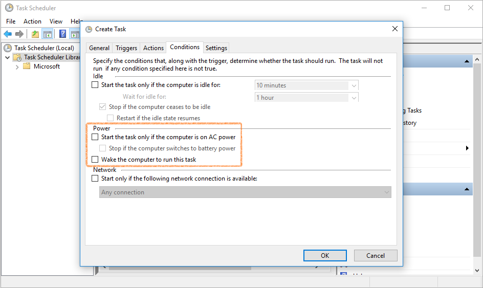Task Scheduler Conditions tab with the Power conditions cleared.
