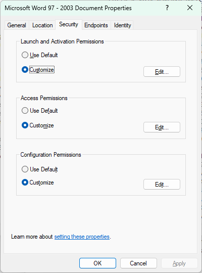 Component Services Security tab with customized launch, activation, and access permissions.