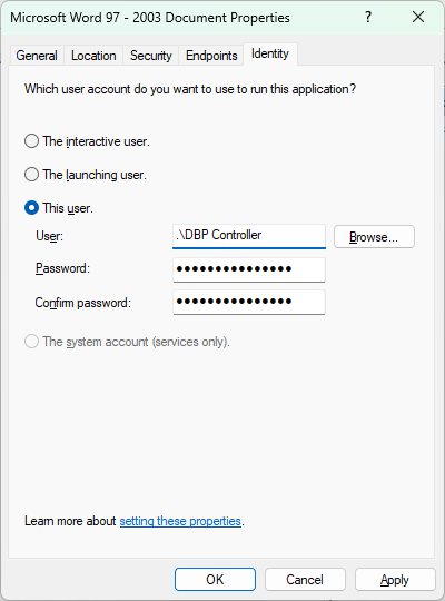 Component Services Identity tab configured to run under the Heartbeat Service user account.