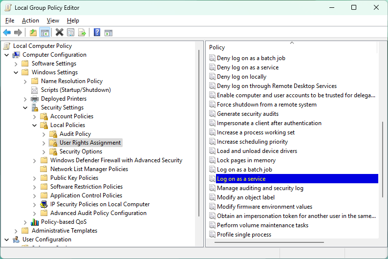 Local Group Policy user-rights assignments required for the Heartbeat Service account.