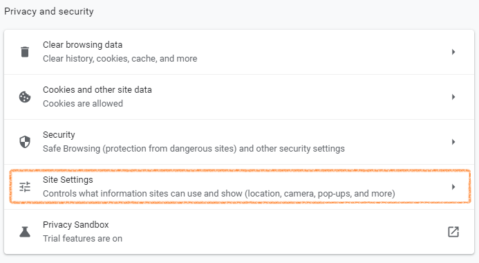 Chrome Privacy and security settings with Site settings selected.