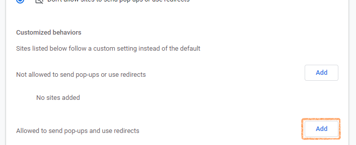 Chrome Pop-ups and redirects settings with the allowed-sites Add button.