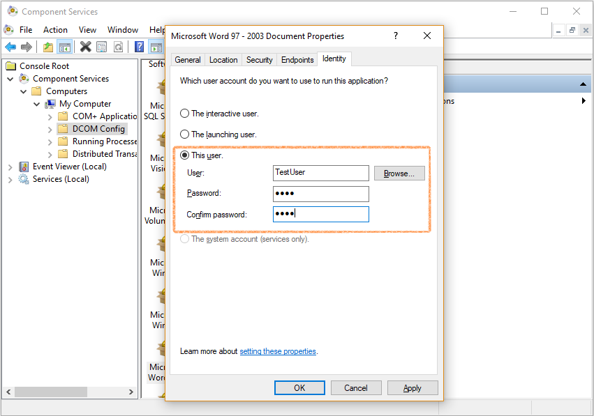 Component Services Identity tab configured to run Microsoft Word under the controller account.