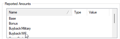 Assumption Reported Amount list showing saved projection types and values