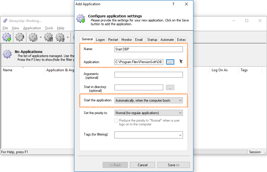 AlwaysUp application settings configured to start DB Precision when the computer boots.