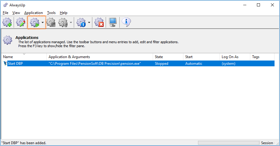 AlwaysUp application list showing DB Precision in the Running state.