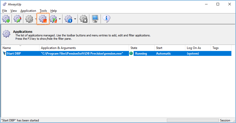 AlwaysUp application list with the command used to stop DB Precision.