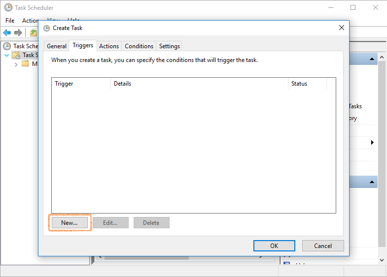 Task Scheduler New Trigger window configured to run at logon.