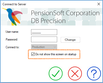 DB Precision login window with Do not show this screen on startup selected.