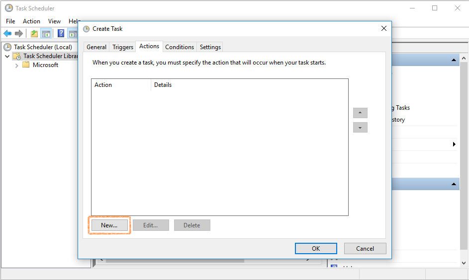 Task Scheduler New Action window configured to start a program.