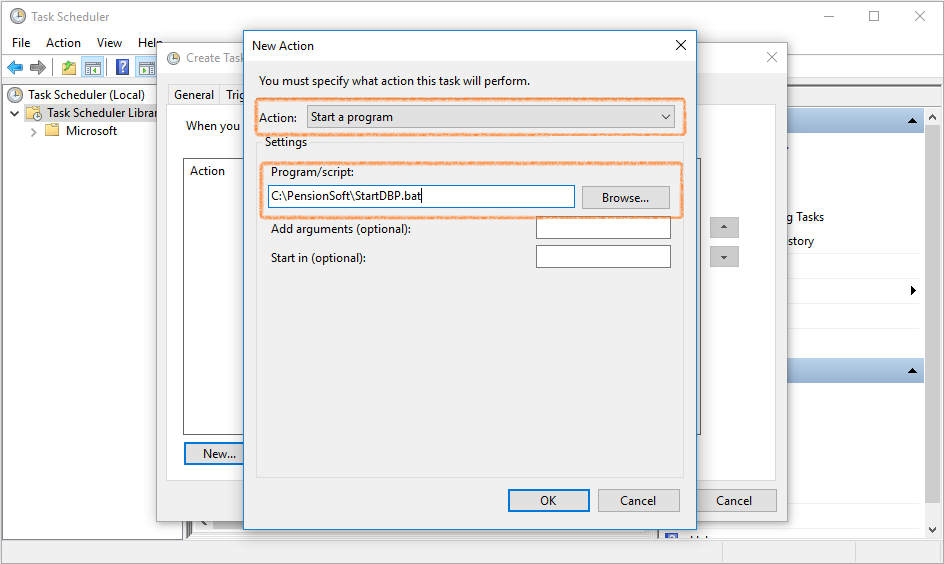 Task Scheduler Actions tab showing the batch-file action.
